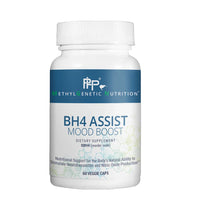 A bottle of 'BH4 Assist Mood Boost' dietary supplement with 60 veggie caps, marketed for supporting mood and neurotransmitter function.