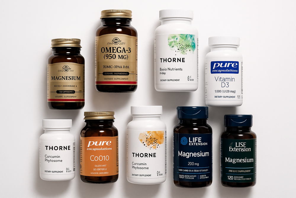 Premium supplements and know brand colors on bottle in a circle
