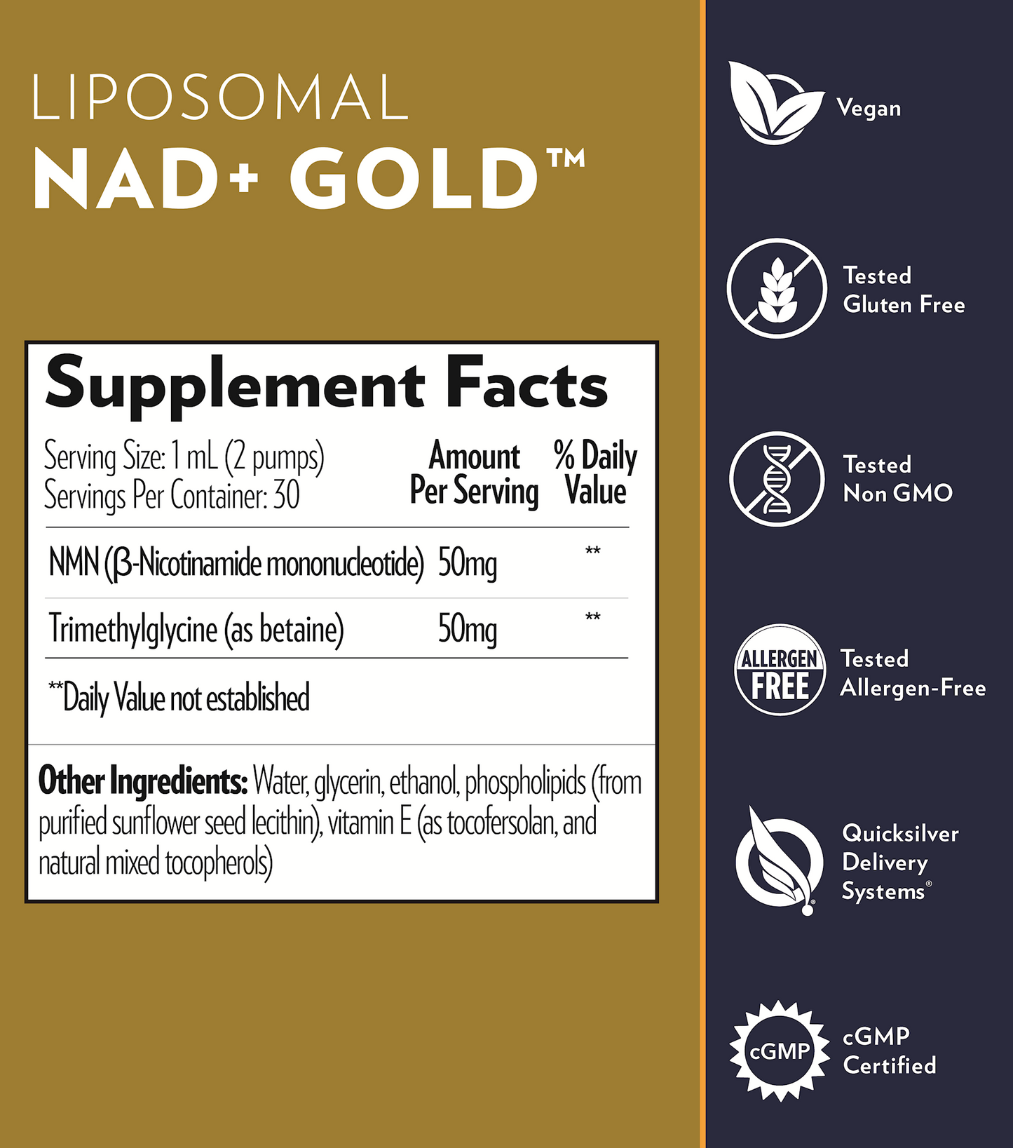 NAD+ GOLD 50 mg 30 ml By Quicksilver Scientific