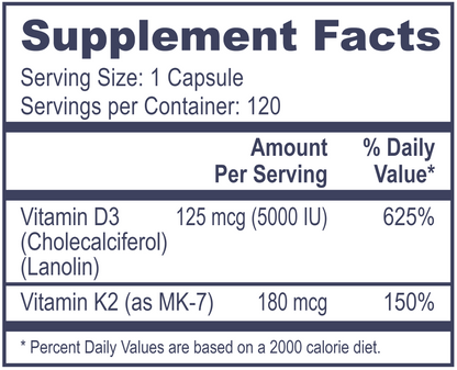 Vitamin D3 5000 with K2 120 vegcaps by Professional Health Products®