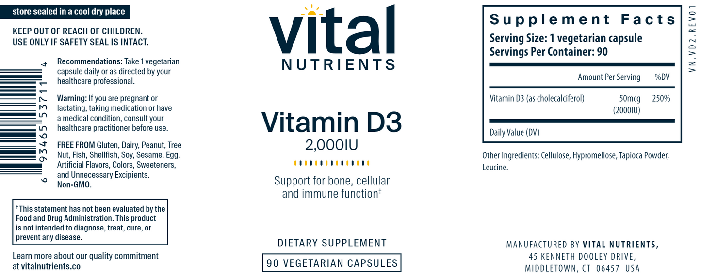 Vitamin D3 2000 IU 90 vcaps by Vital Nutrients