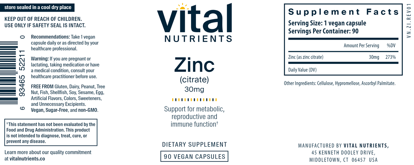 Zinc (citrate) 30 mg 90 vegcaps by Vital Nutrients