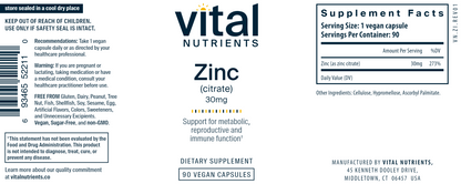 Zinc (citrate) 30 mg 90 vegcaps by Vital Nutrients