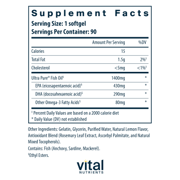 Ultra Pure Fish Oil 800 Lemon 90 gels by Vital Nutrients